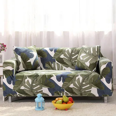 Geometric print polyester sofa slipcover stretched over sofa with matching pillowcase