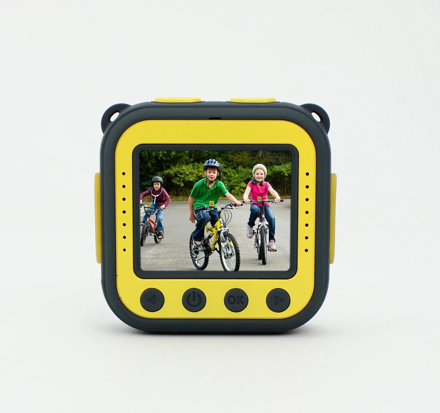 Yellow children's waterproof sports camera showing front with lens and 1.77-inch screen