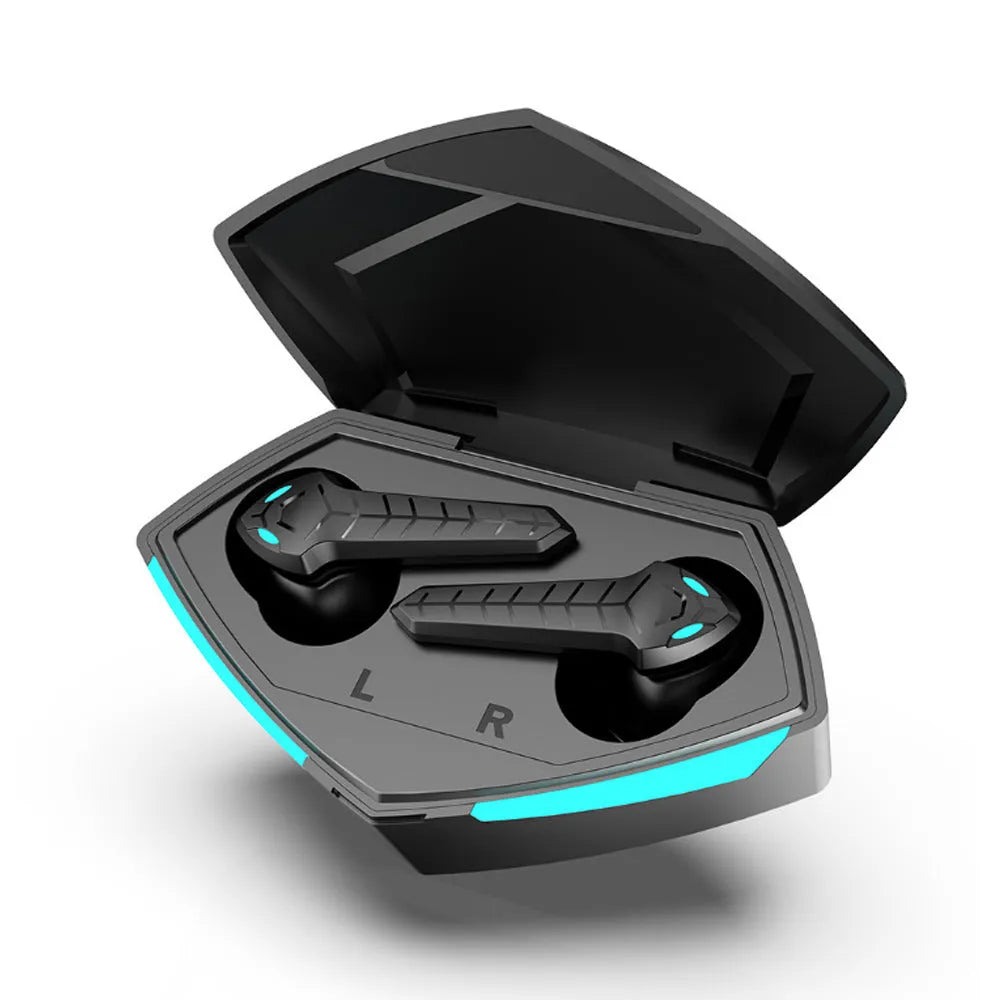 X15 Black wireless in-ear Bluetooth gaming headphones with charging case and cable