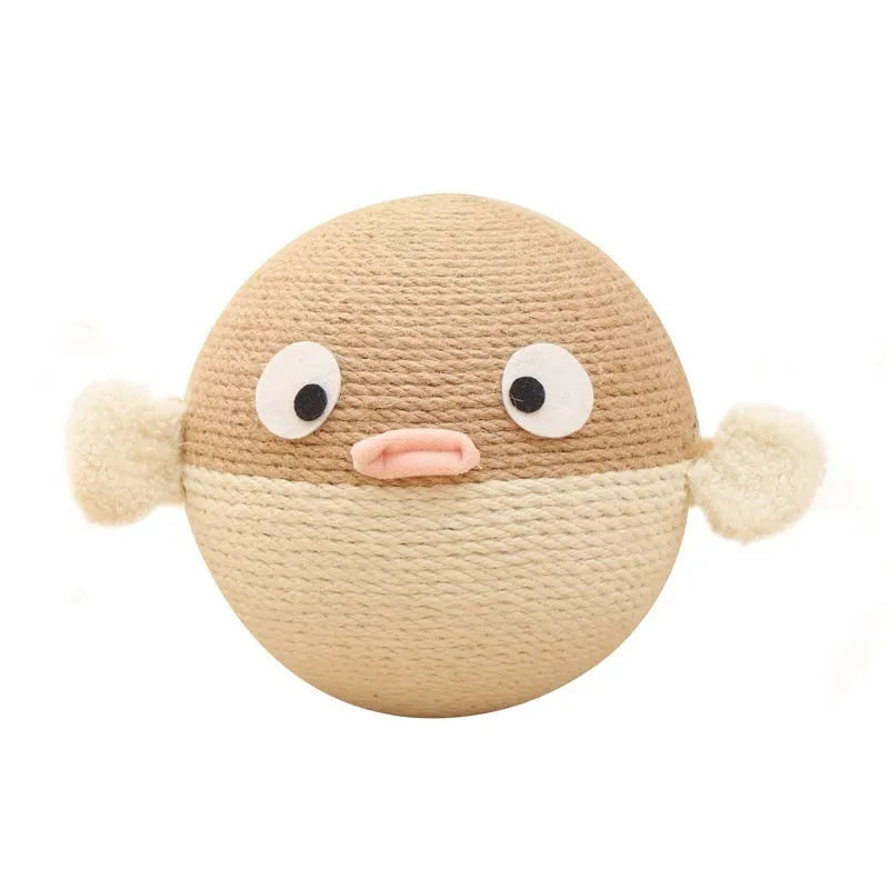 Sisal hemp pet puzzle toy cube with puffer fish design for slow feeding dogs and cats