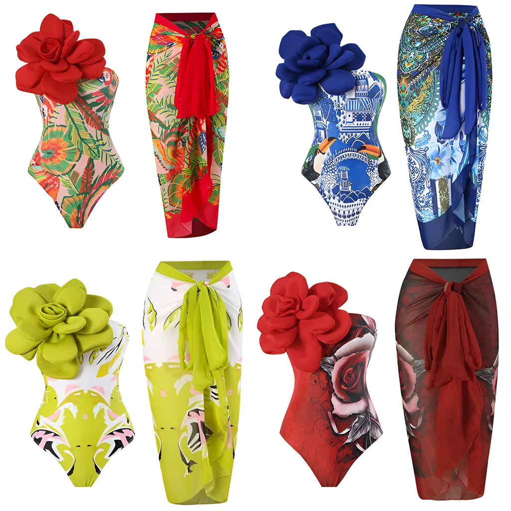 Women's blue printed one-piece swimsuit with matching gauze skirt, a holiday outfit set for swimming.