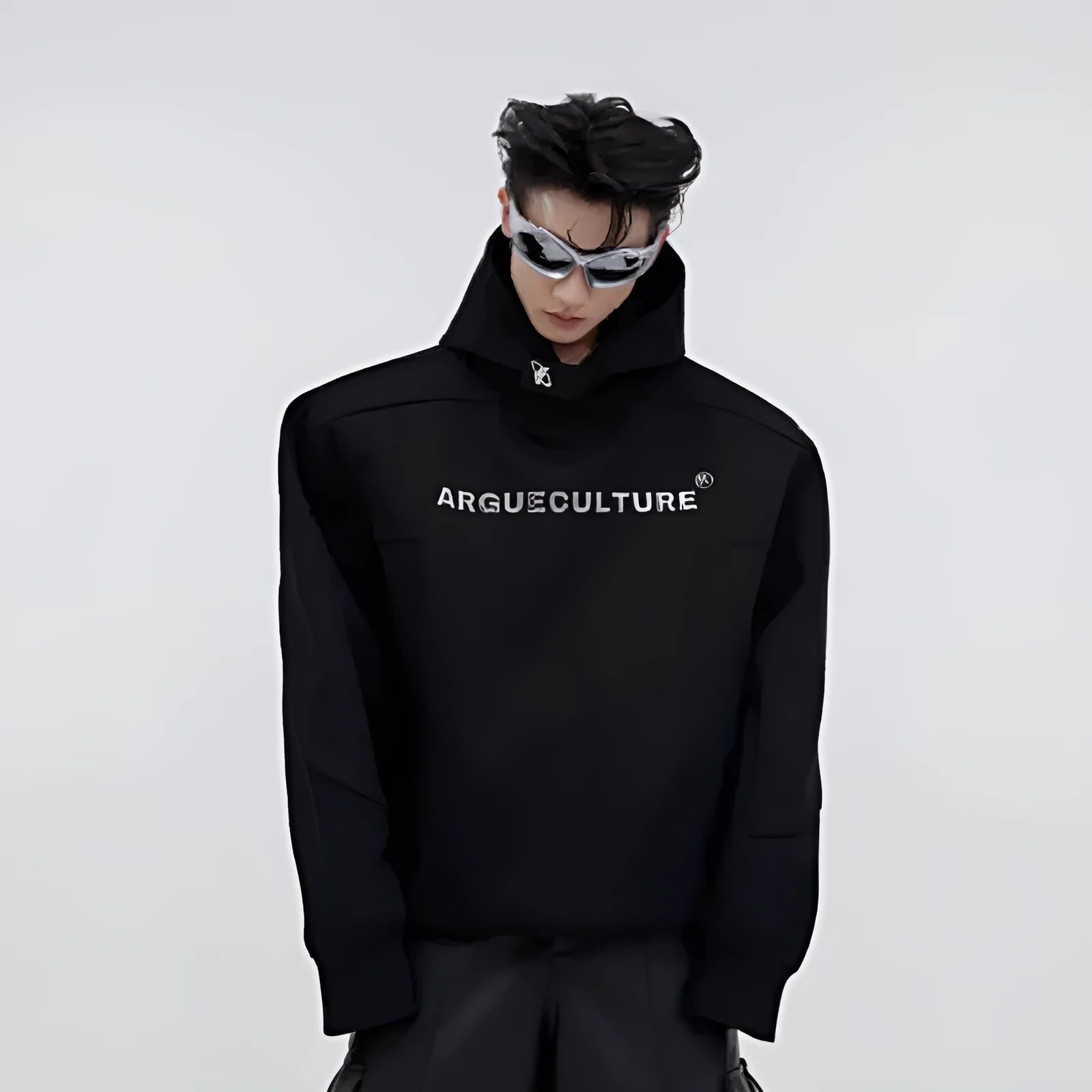Men's red loose hooded sweater with heavy shoulder pads and metallic 3D printed graphic design