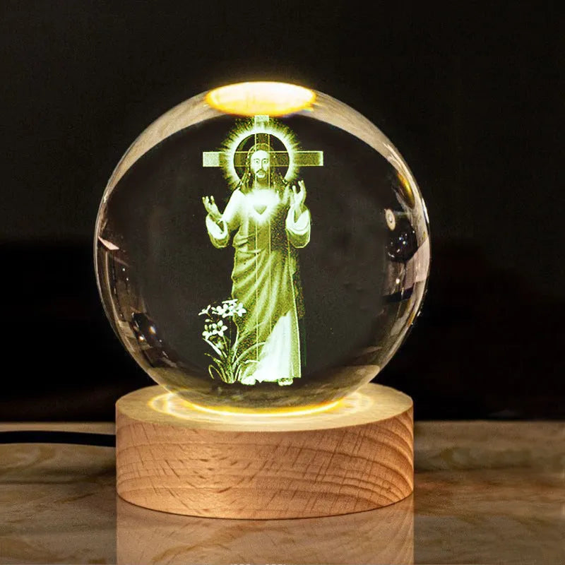 White crystal ball lamp with solid wood base and warm lighting in religious designs