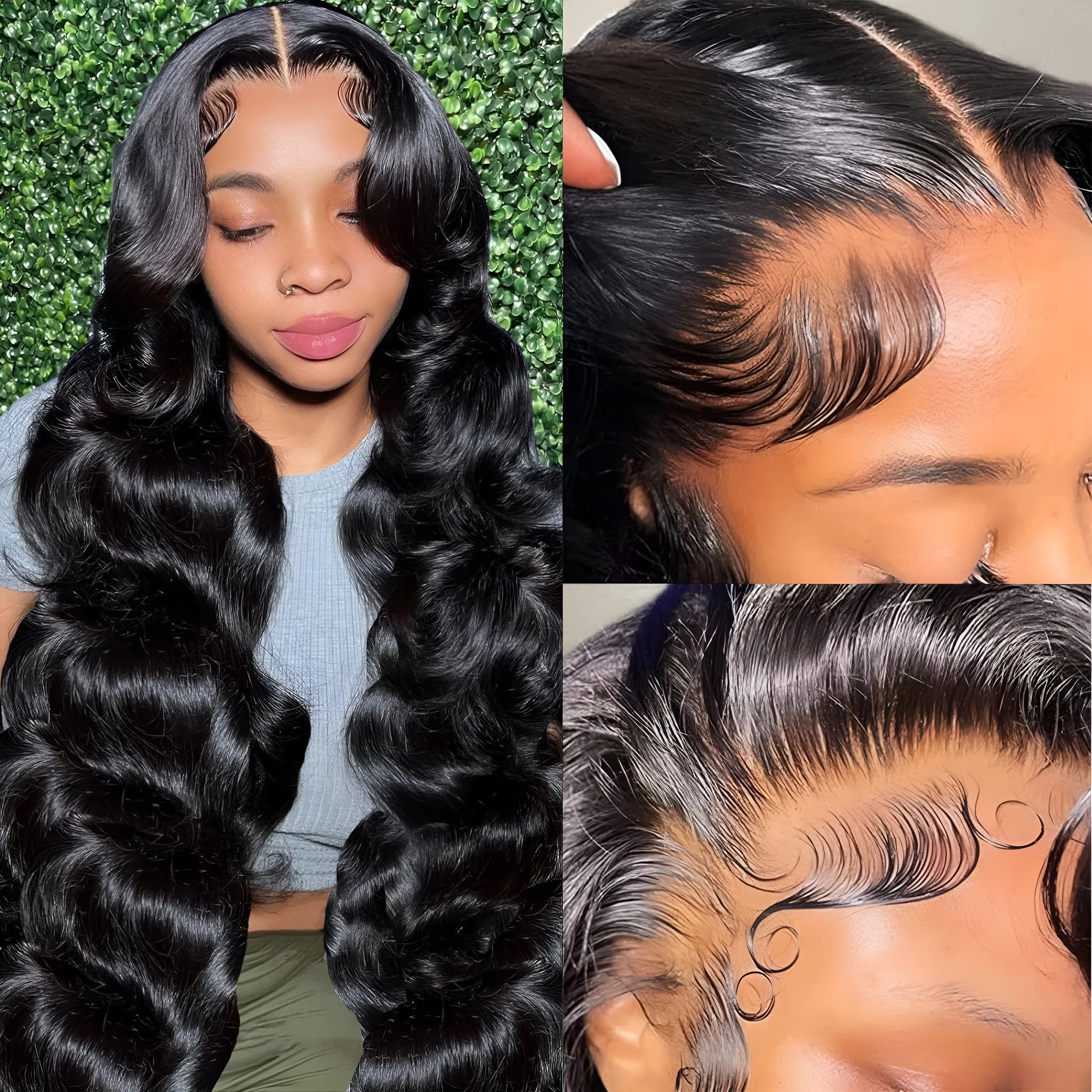 A black synthetic wig with long, medium-large waves, shown on a mannequin head.