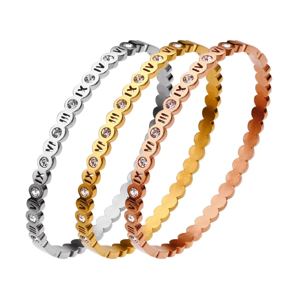 Korean style titanium steel bracelet with number details in gold, rose gold, or steel colour