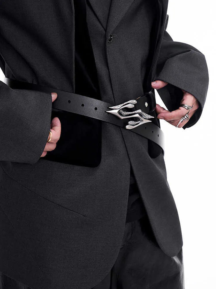 Black two-layer cowhide leather men's belt with metal letter buckle, shown at 110cm length.