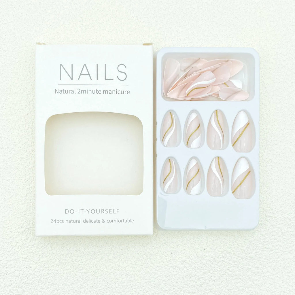 Golden Lines plaid pattern false nails in medium drop shape with JF0518 jelly glue.