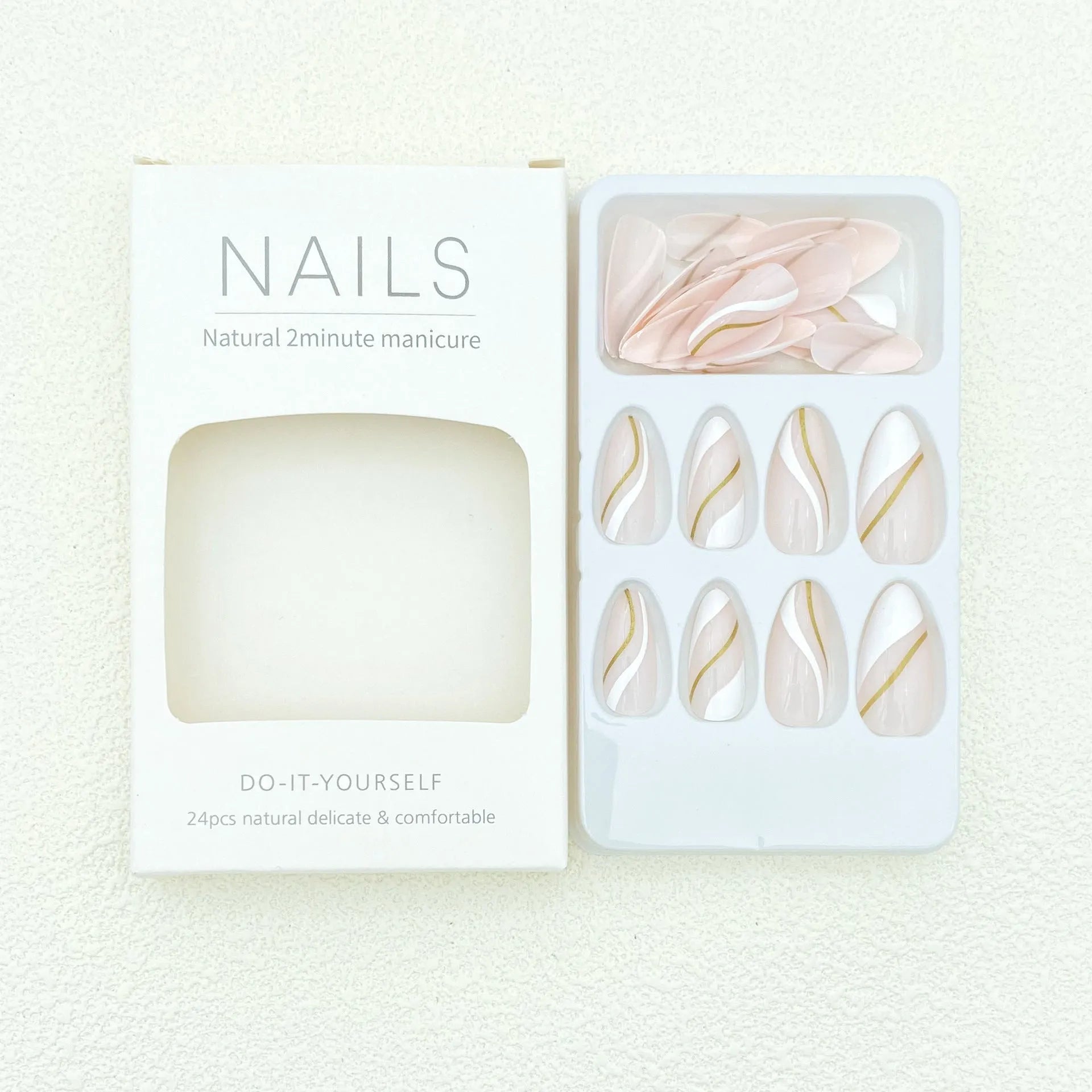 Golden Lines plaid pattern false nails in medium drop shape with JF0518 jelly glue.