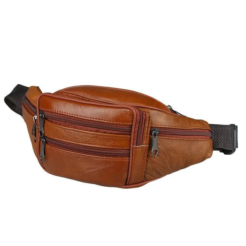 Genuine leather men's outdoor waist bag in black, 22x12x6cm, waterproof solid colour design