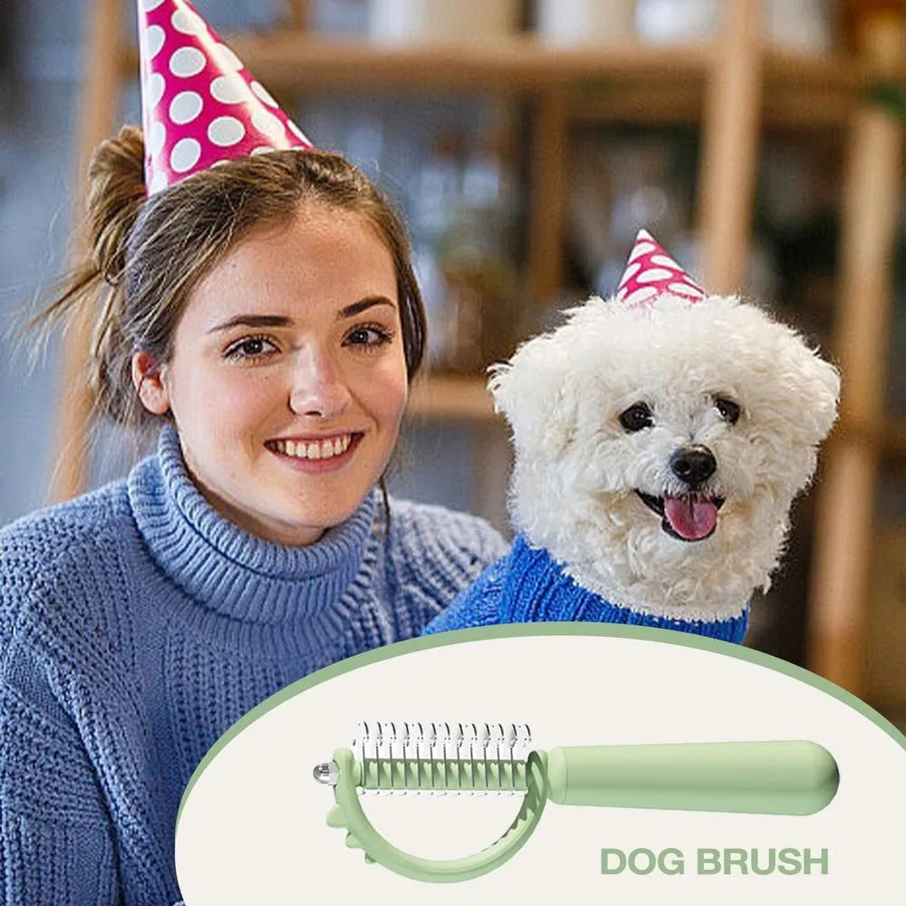 Blue dinosaur-shaped cat brush with self-cleaning button and double-sided bristles