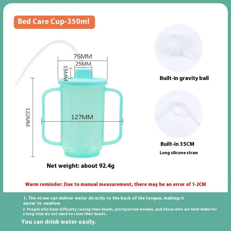 Oblique mouth choke-proof plastic drinking cup with handle and optional wrist splint for elderly adults.