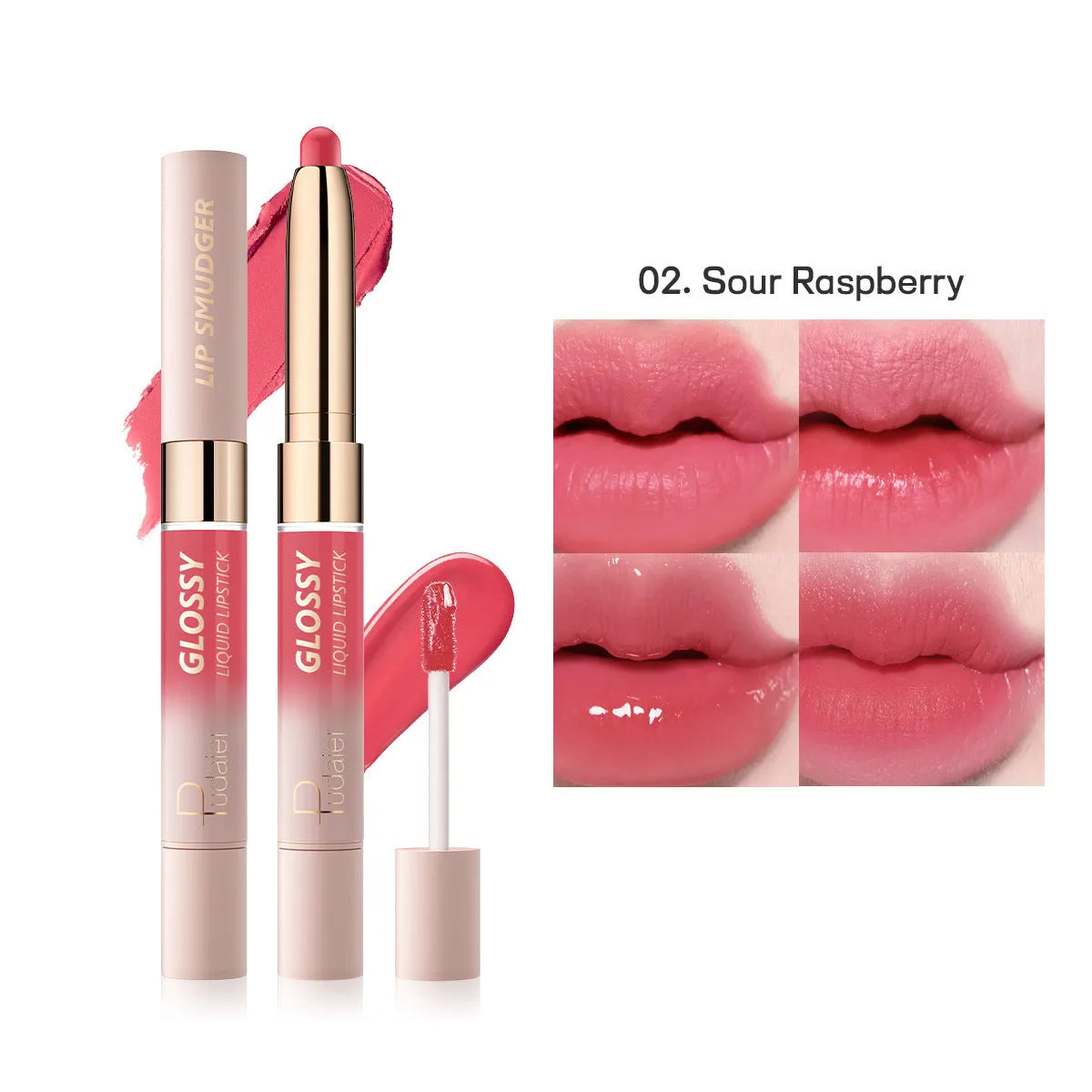 Double-headed lipstick showing matte bullet on one end and gloss applicator on the other in one of 10 available colours
