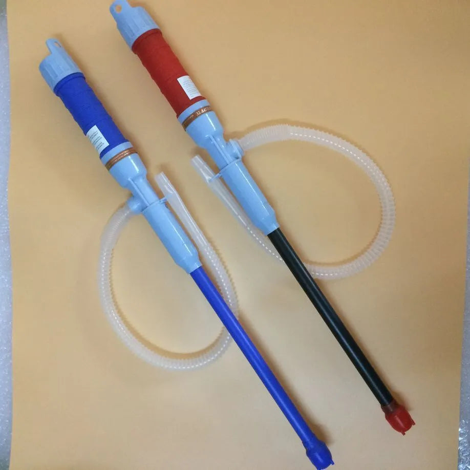Blue or red manual hand siphon pump for transferring fuel and liquids