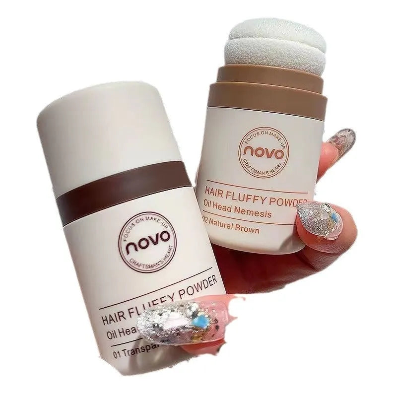 Oil control powder container showing transparent, brown, and dark brown powder variants for hair and facial application