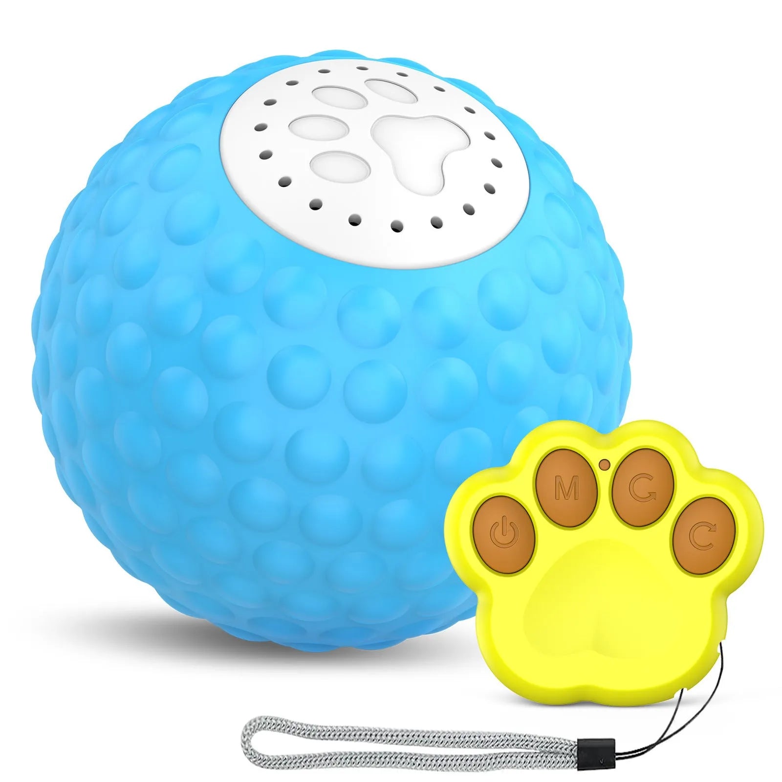 Remote control cat toy with rolling ball in blue, green, and yellow colour options