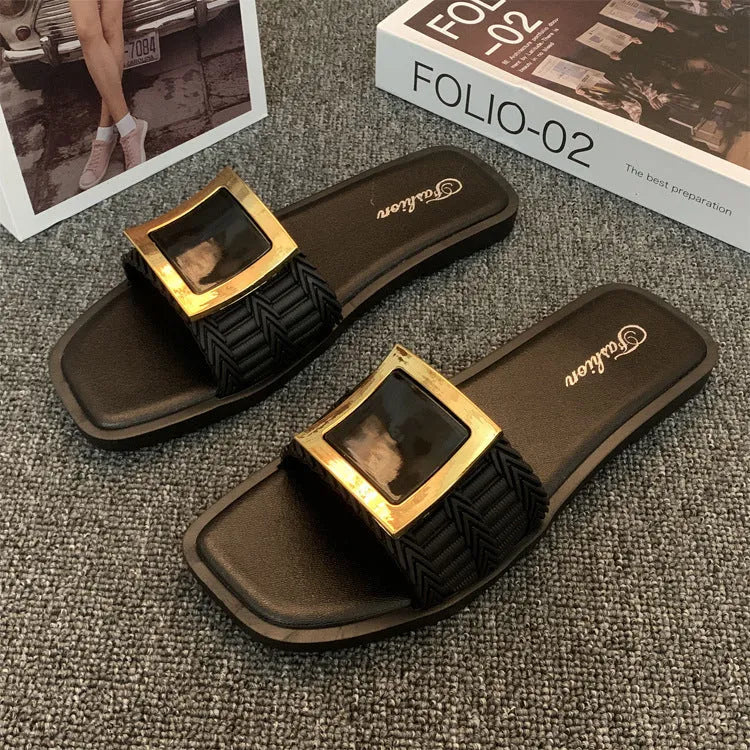 Women's casual apricot flat slippers with a waterproof PVC sole for summer.