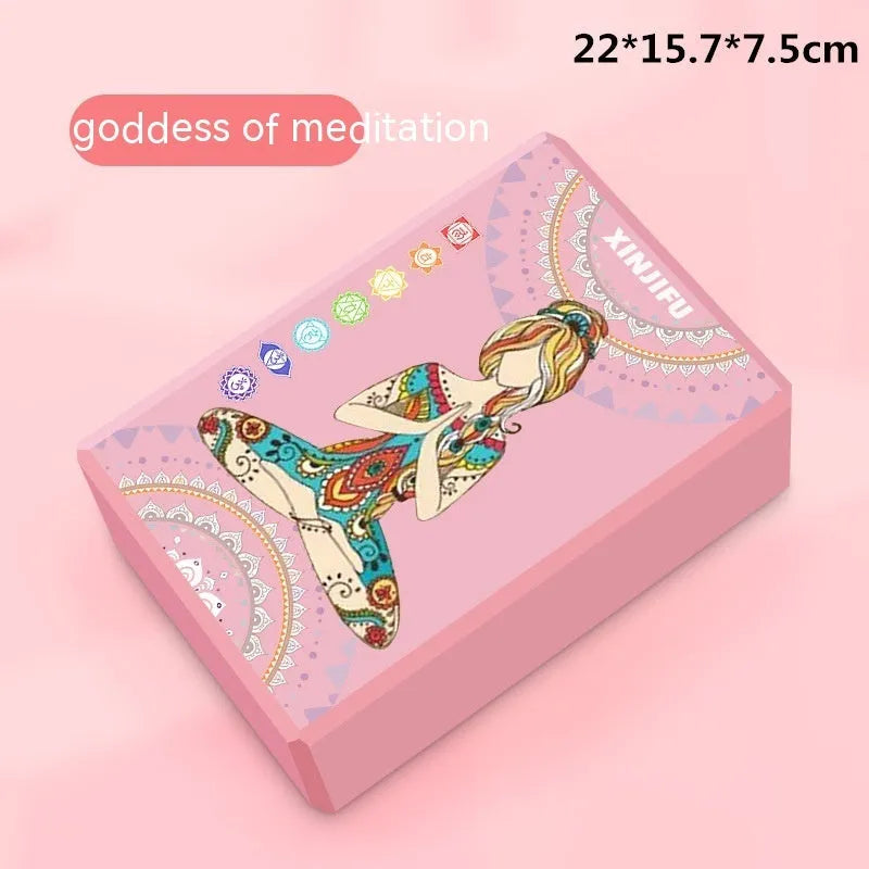 High-density EVA foam yoga block in assorted colours and prints, showing two thickness options for yoga and dance.