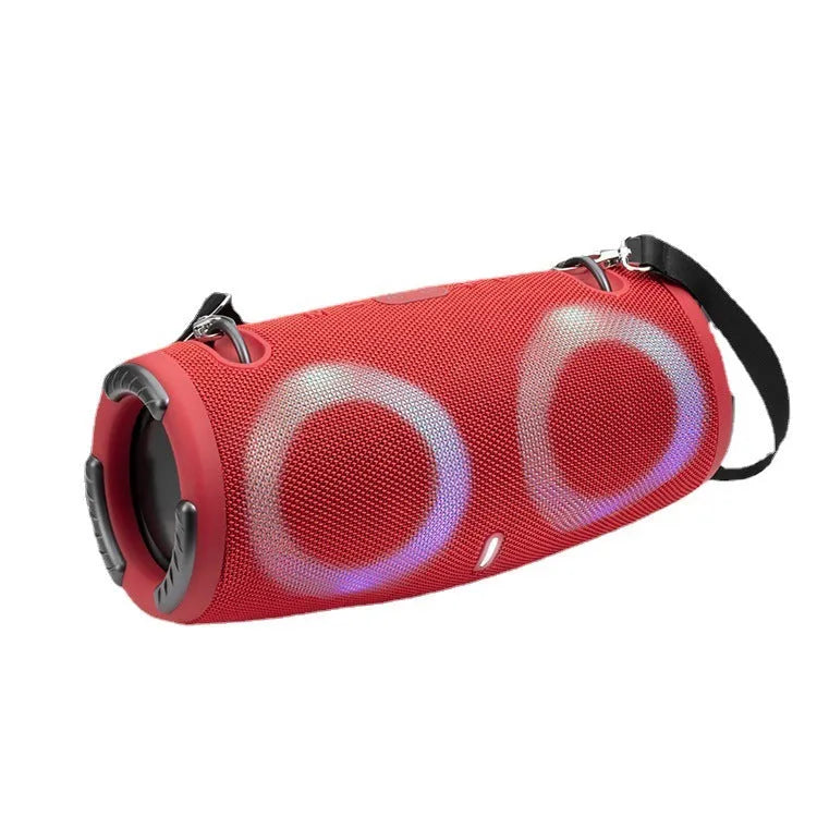Round portable Bluetooth speaker with RGB coloured lights in camouflage colour option with carrying strap