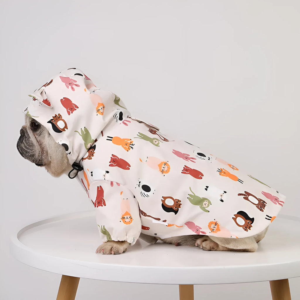 Beige cartoon dog raincoat with waterproof coating in small animal or cat head design