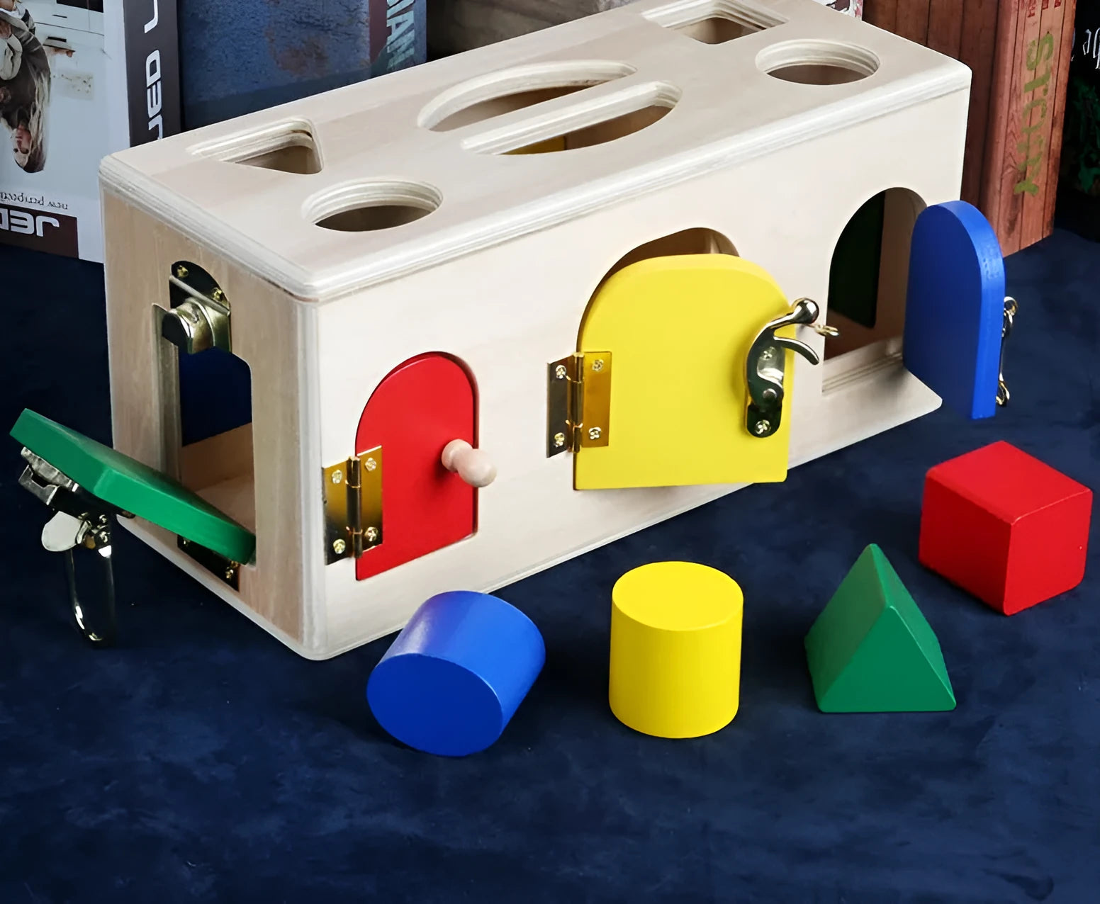 Wooden shape sorting educational toy with lock mechanism for preschool children