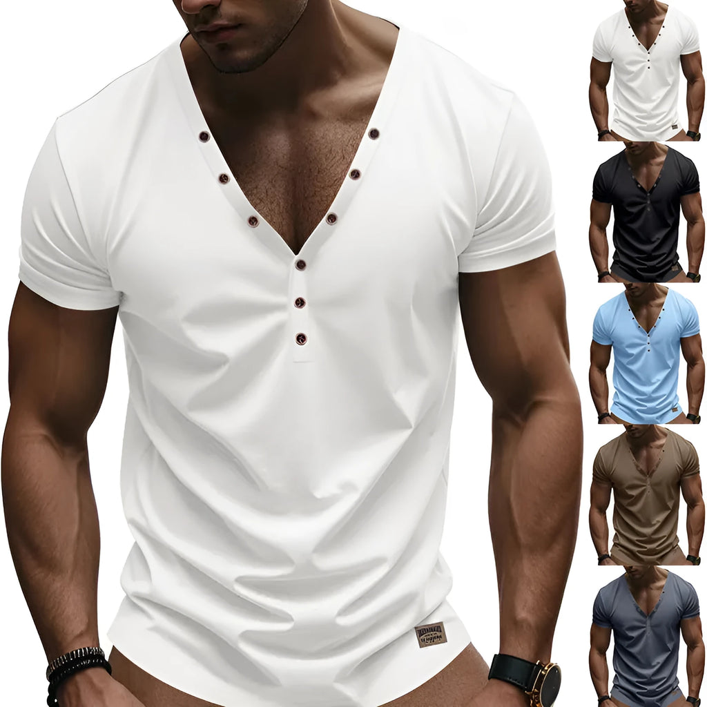 Men's loose fit solid colour V-neck pullover top with button detail on the chest.