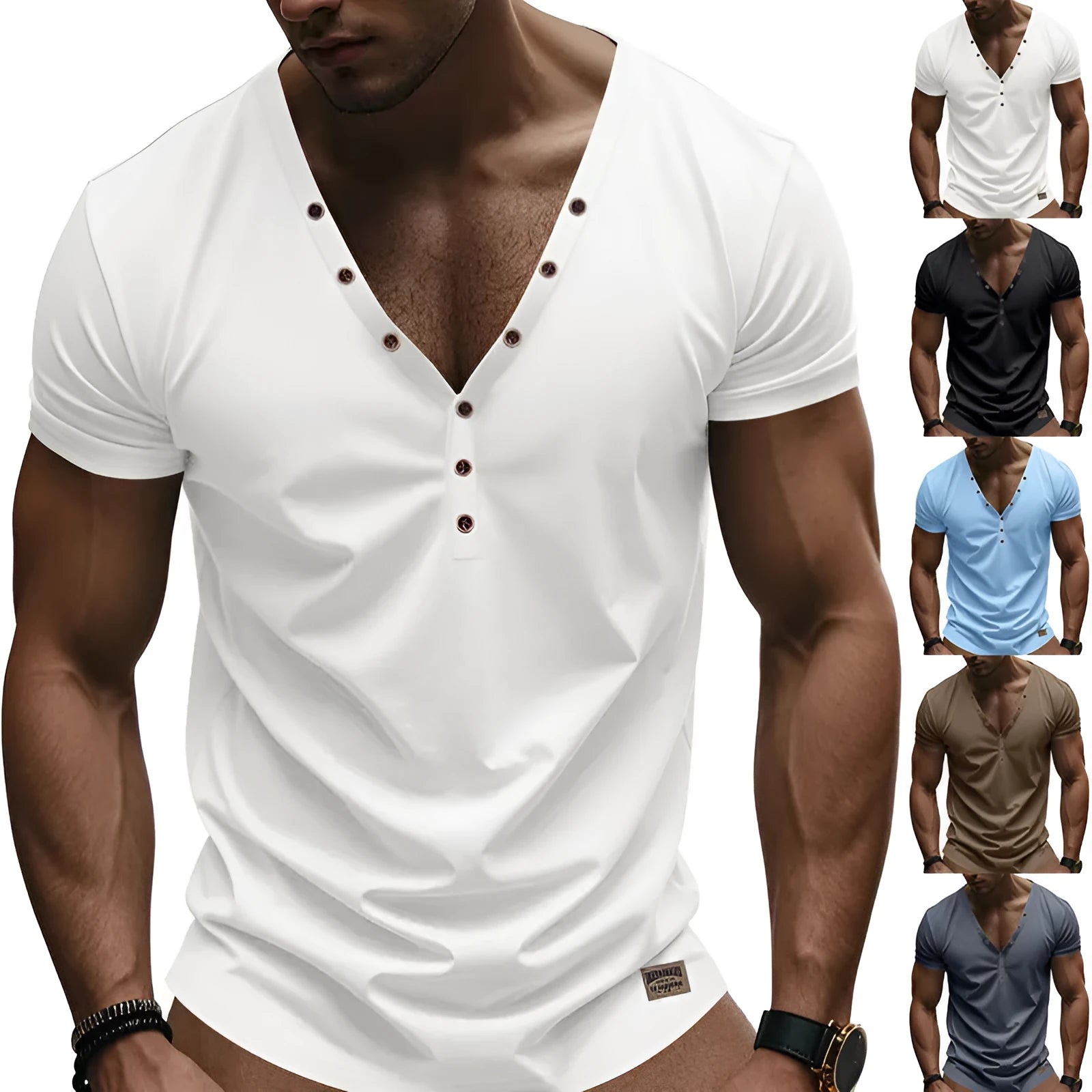 Men's loose fit solid colour V-neck pullover top with button detail on the chest.