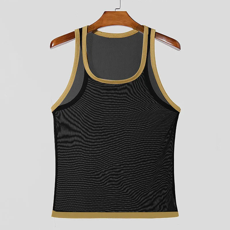 Men's tight mesh fitness vest in solid white or black colour with straight hem design