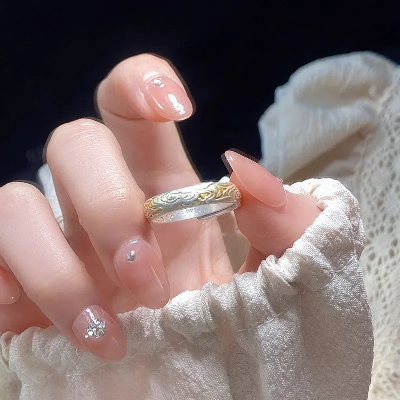 Xiangyun pattern white copper ring with gold electroplating and open mouth adjustable design