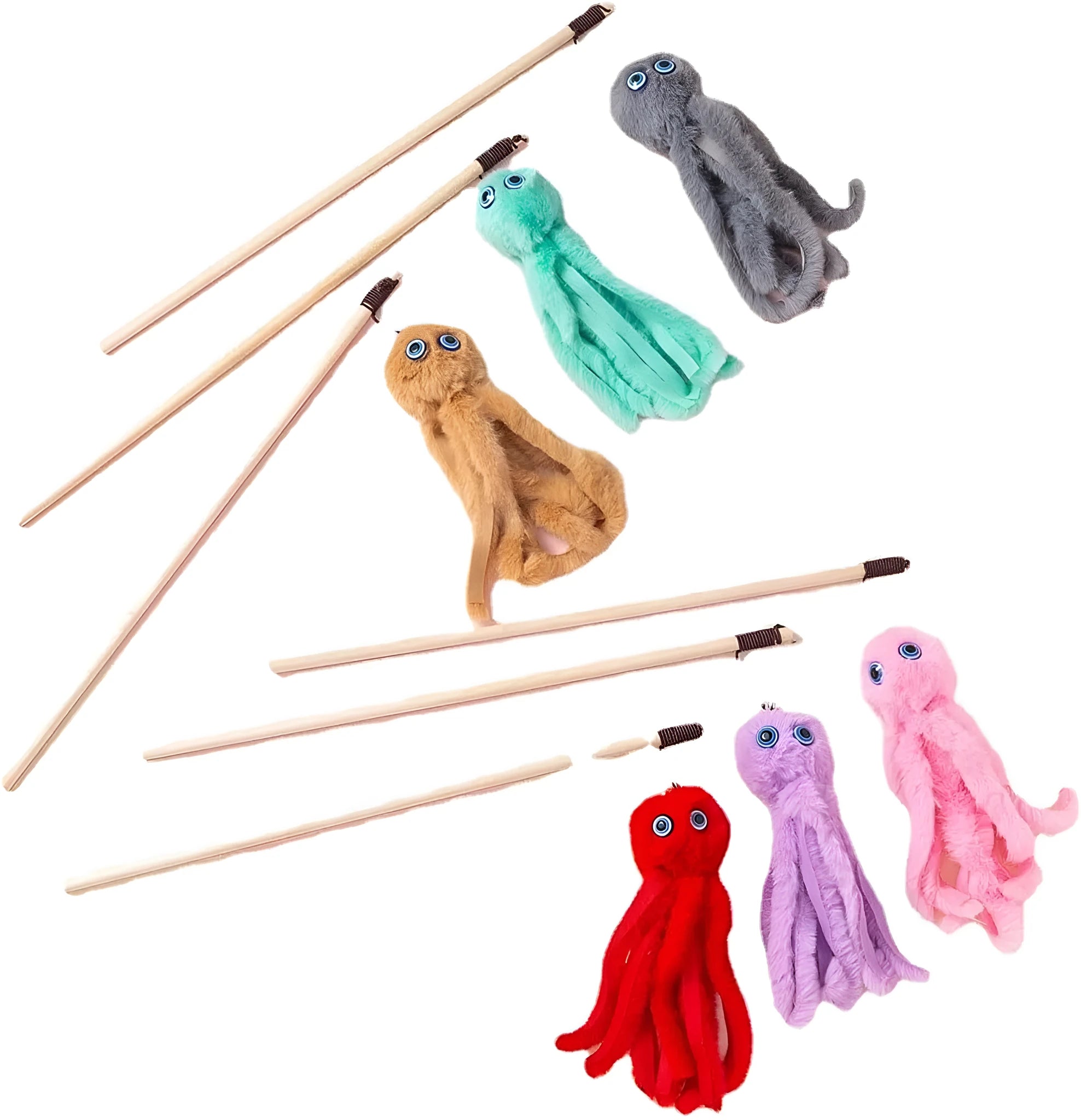Octopus-themed furry cat toy with eyes on 40cm long stick for indoor kitten play