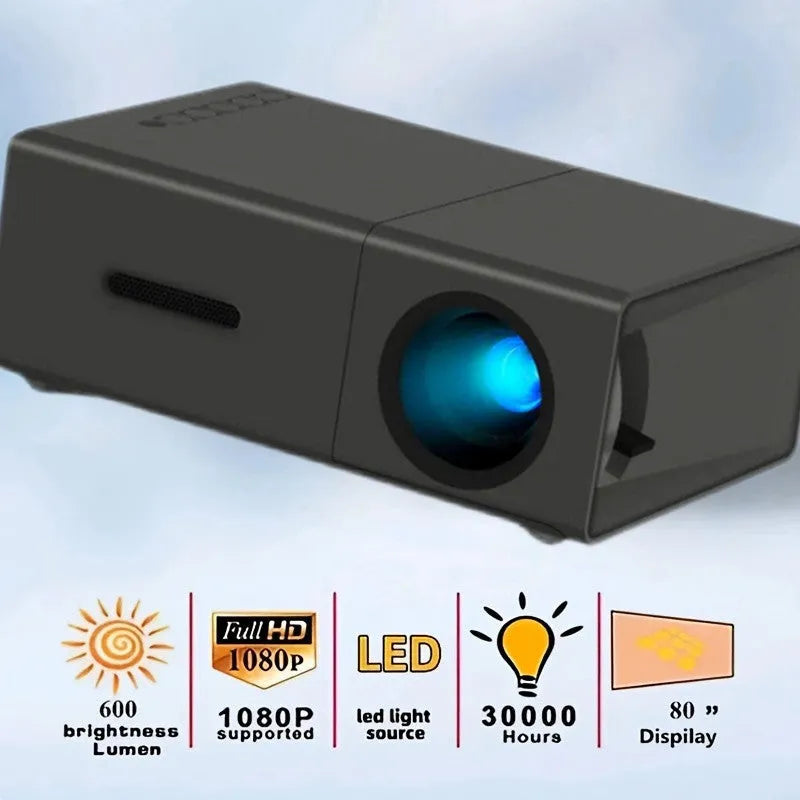 White or black M100 Mini Portable LED Projector displaying a large screen image.