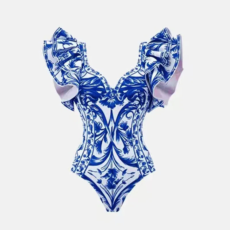 Women's printed polyester one-piece swimsuit available in multiple colours and styles