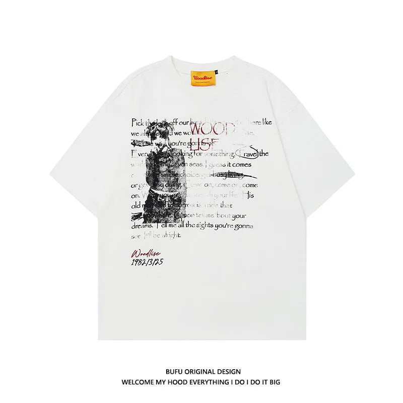 Men's black pure cotton loose retro T-shirt with white letter print and raglan sleeves