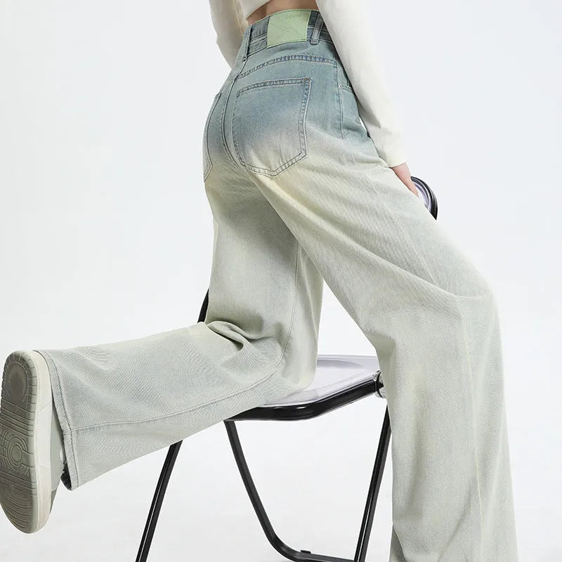 Women's gradient blue straight-leg denim trousers with wide leg cut in cotton blend fabric