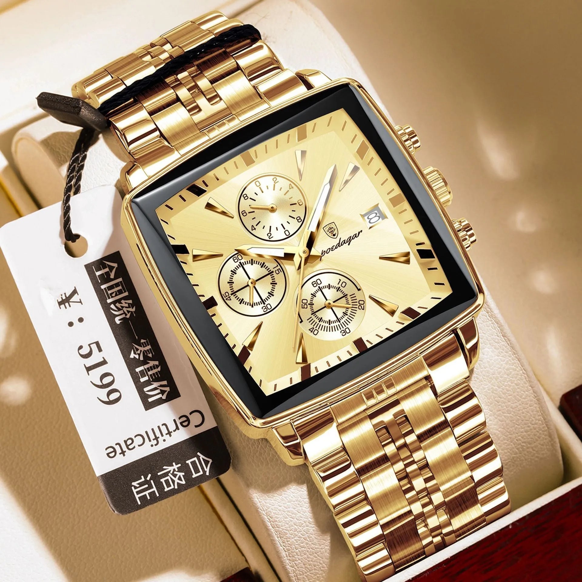 Men's square business watch with stainless steel strap and butterfly clasp in various colour options.