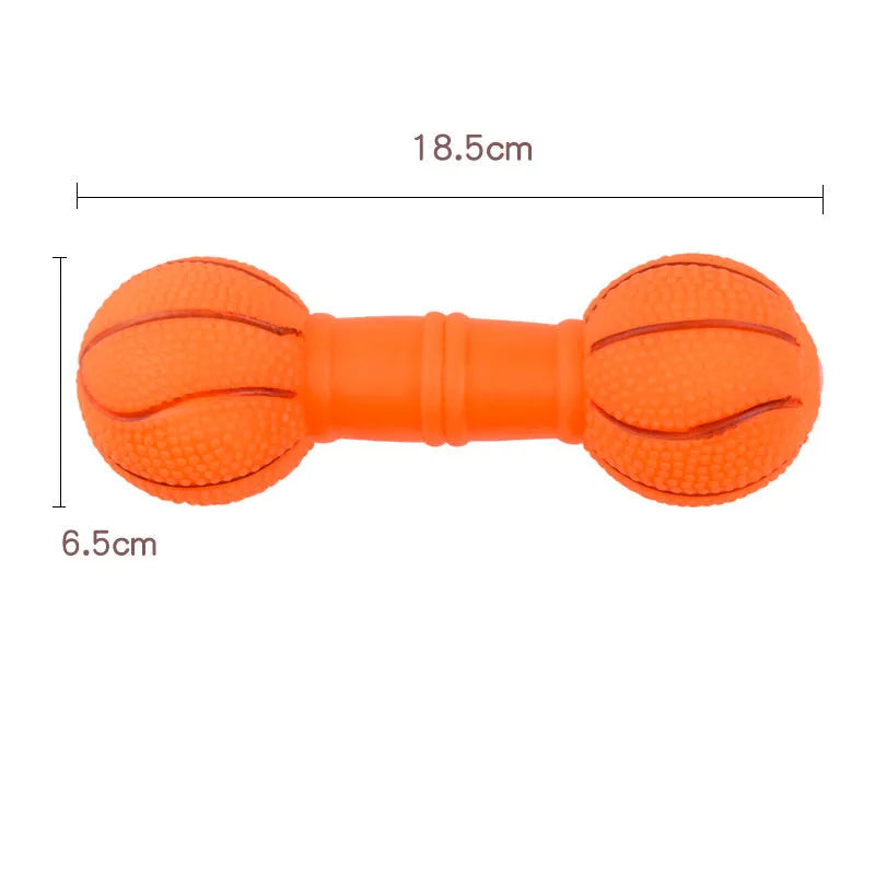 Brown football dumbbell shaped dog squeaky chew toy on white background