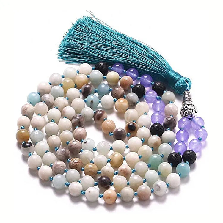 Long multi-strand agate tassel necklace with geometric pattern of amethyst, lapis lazuli, and blue stone beads.