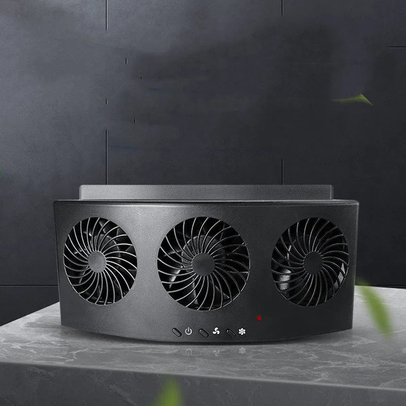 Black and white USB car ventilation fan with 1.5m cable, compact rectangular design