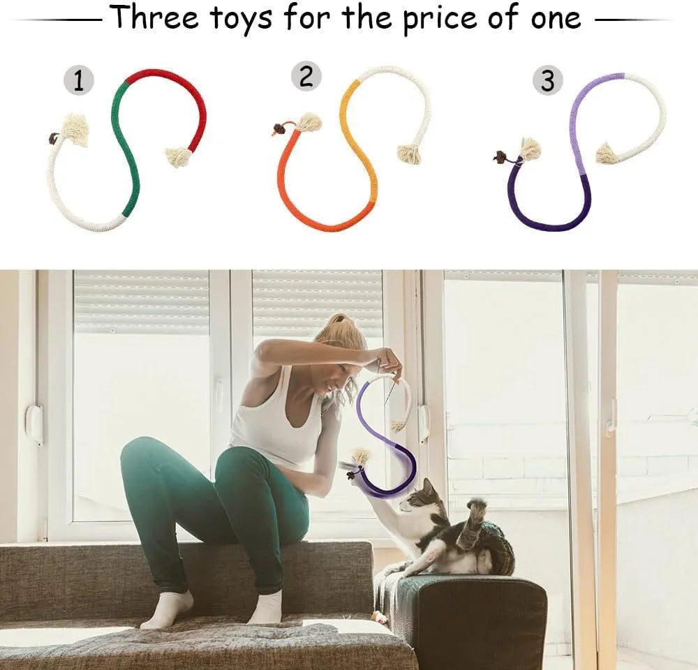 70cm long cotton cat chew rope toy in purple, orange or red with green colours