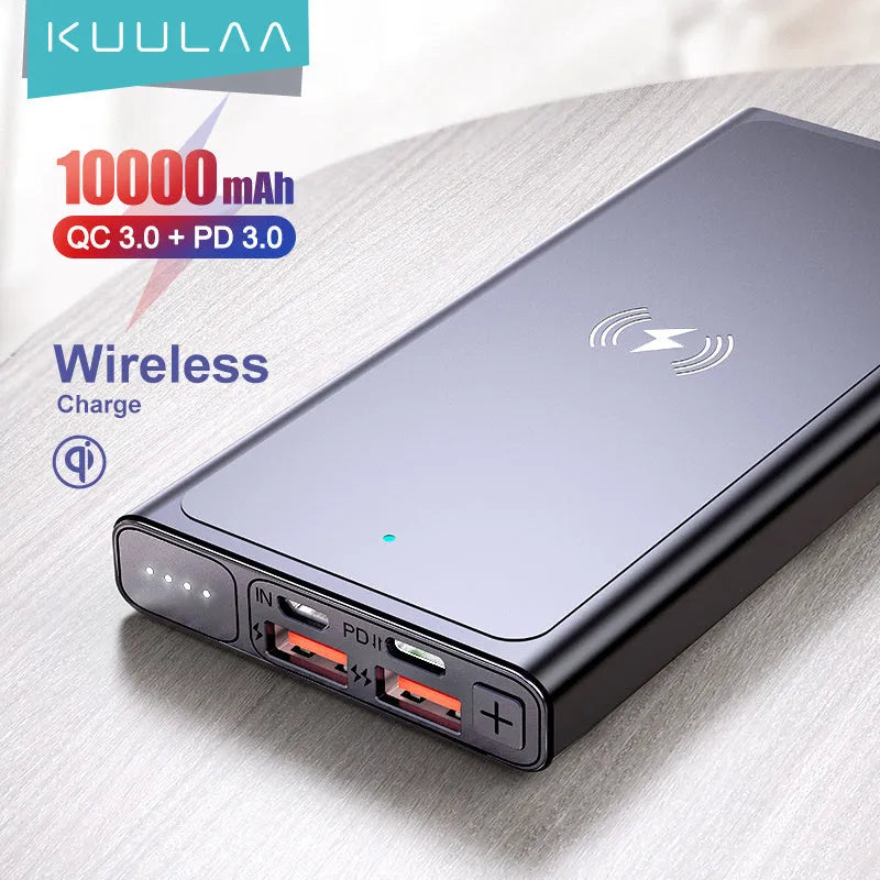 10000mAh wireless power bank with alloy shell black blue fast charging built-in plug