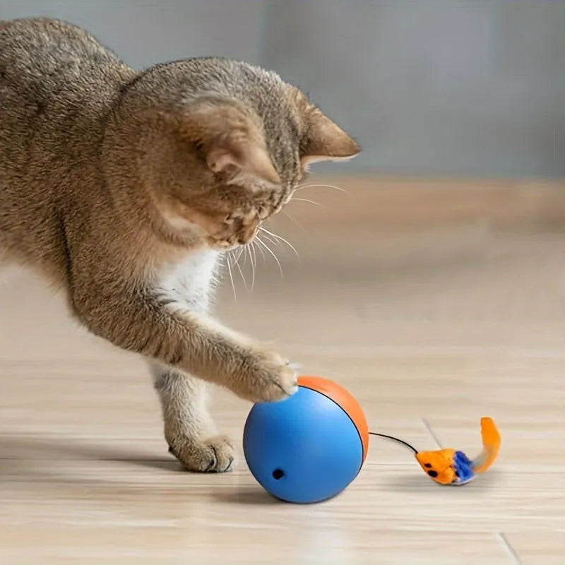Interactive blue and orange cat toy ball with removable plush mouse for feline play