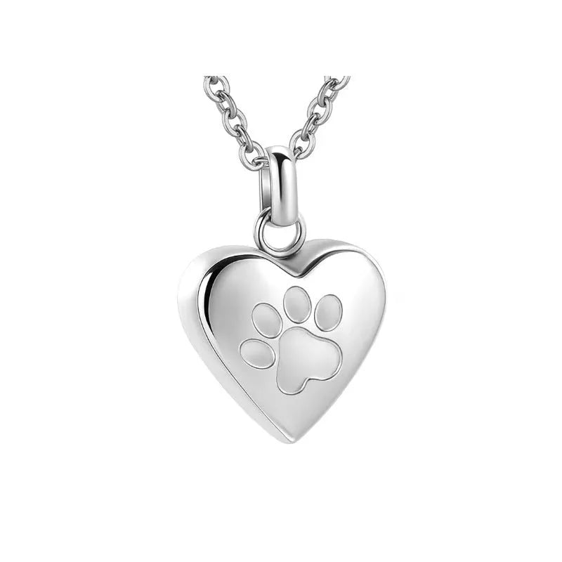 Simple titanium steel heart pendant necklace with love paw print, shown in different colours.