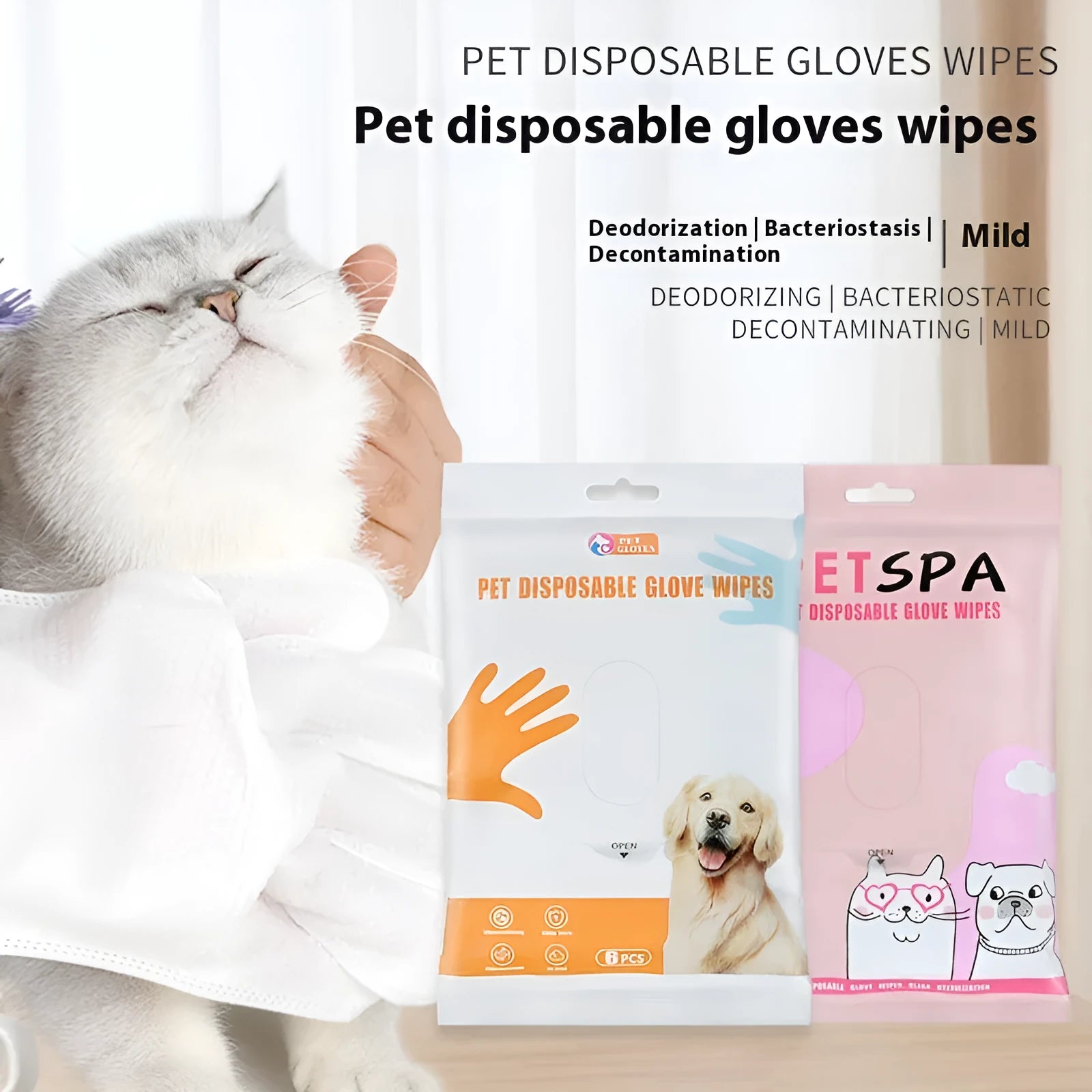 Pack of 6 pet wipes gloves for dogs, wash-free dry cleaning, non-woven fabric grooming mitts in pink UK bag