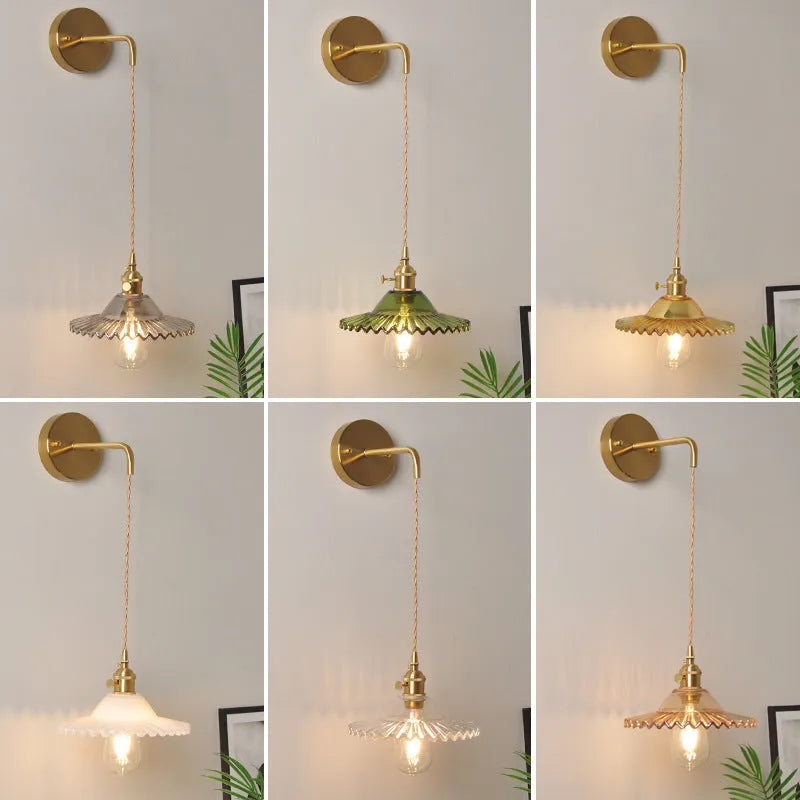 Retro brass and glass lotus wall lamp in white, 22cm diameter
