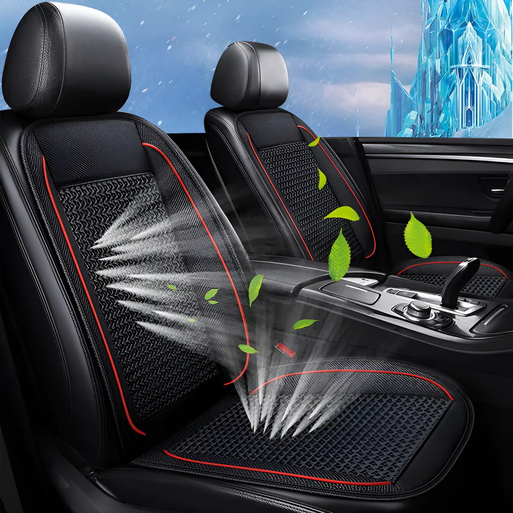 Black car ventilation seat cushion with massage function showing 60x60cm dimensions and power connection