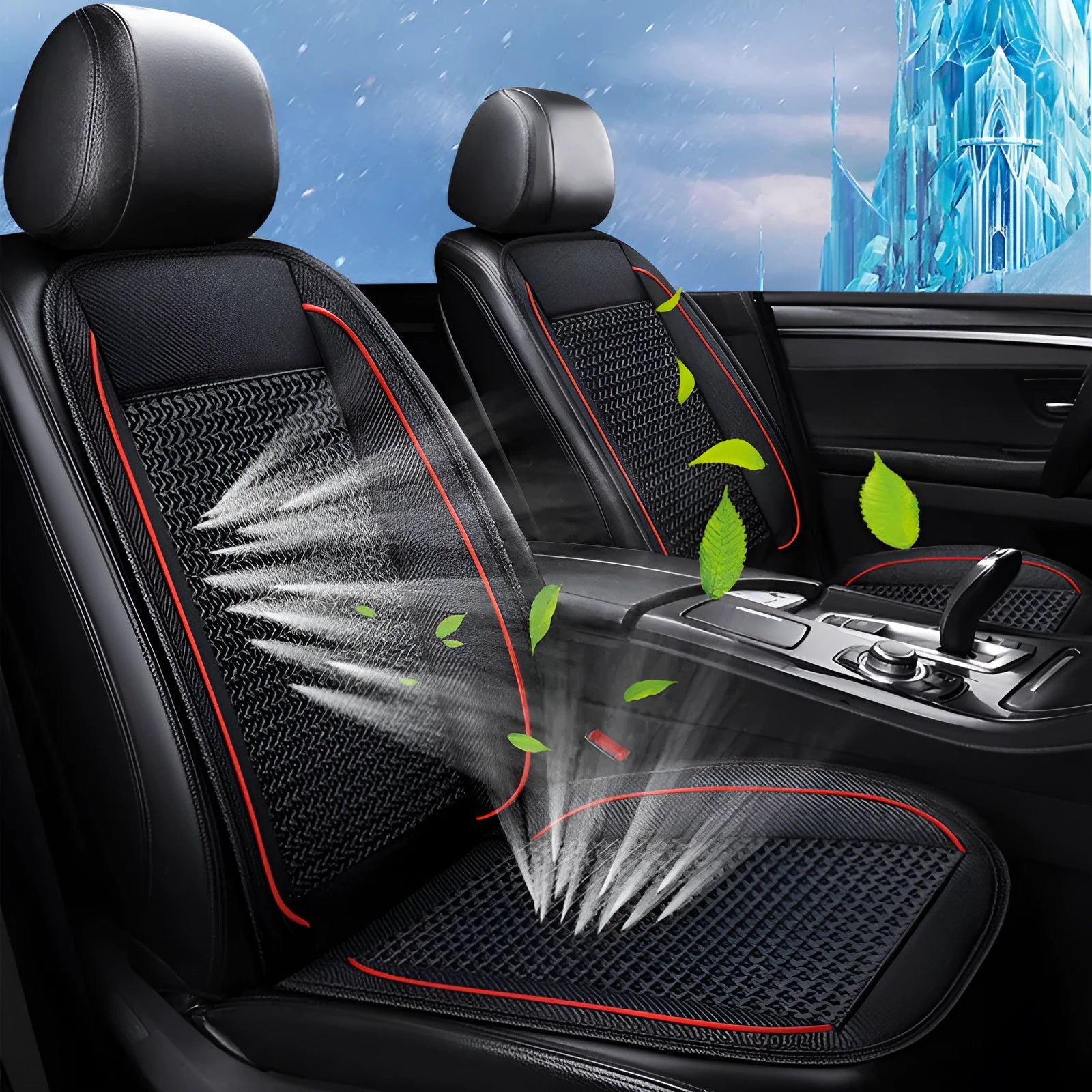 Black car ventilation seat cushion with massage function showing 60x60cm dimensions and power connection