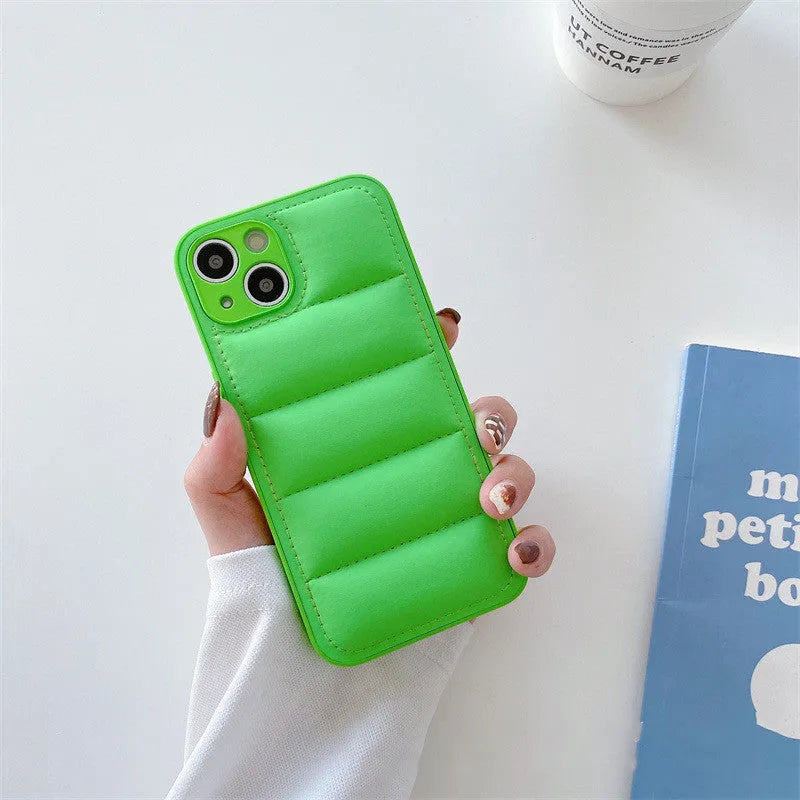 Fashion solid colour down jacket phone case for Apple iPhone in orange with TPU and PC back cover