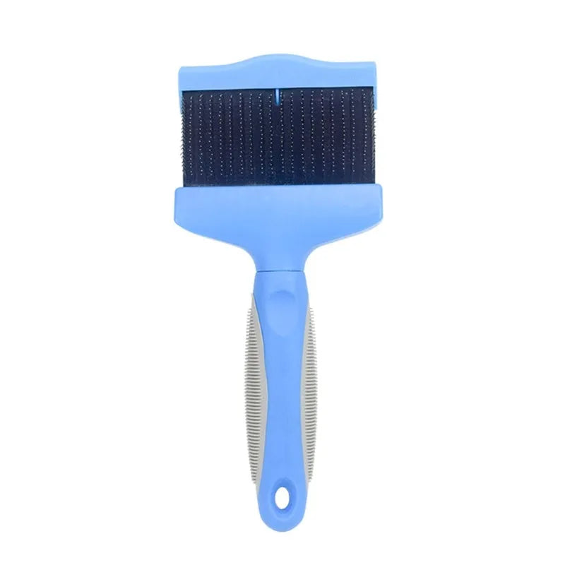 Blue double-sided pet brush with stainless steel pins and ergonomic handle on a white background.