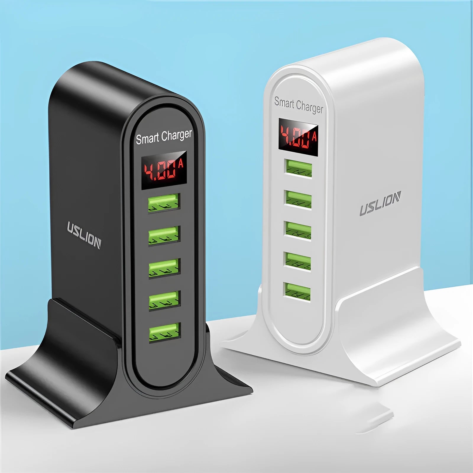 Smart LED digital display USB charger showing voltage readout with EU UK US plug options