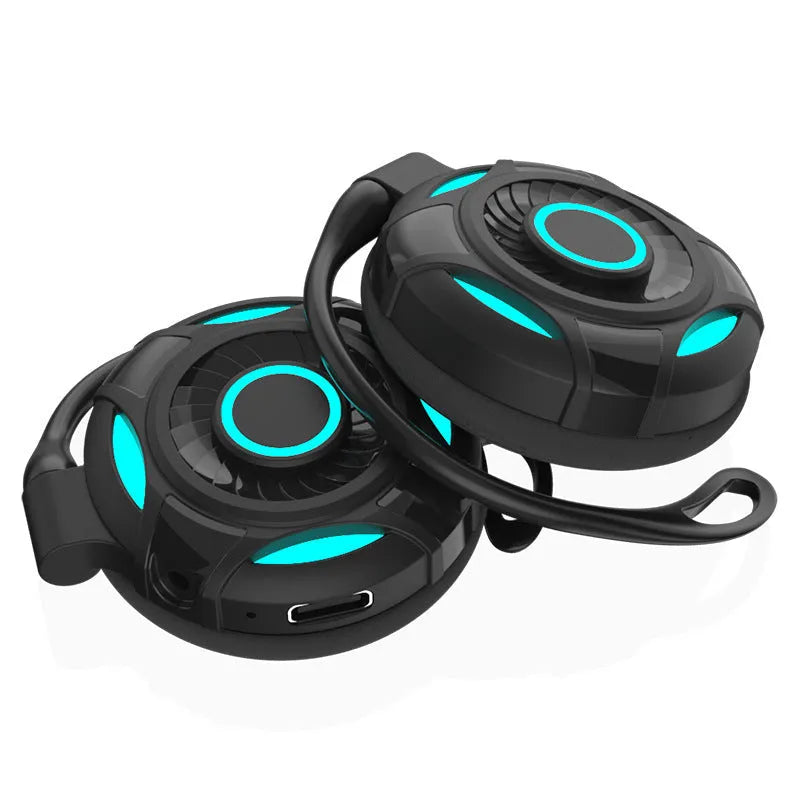 Black wireless Bluetooth earphones with hanging ear design for gaming