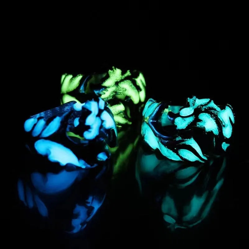 Adjustable Chinese-style dragon ring with luminous pattern in antiqued silver blue and green colours